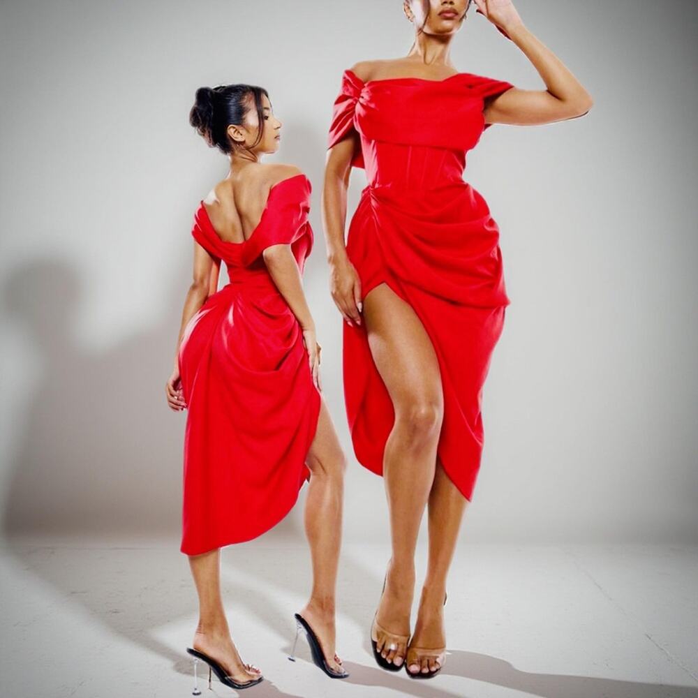 DOLLCORE-PRETTYLITTLE THING RED CORSET BAROT DRAPED MIDI DRESS IN RED SIZE 4